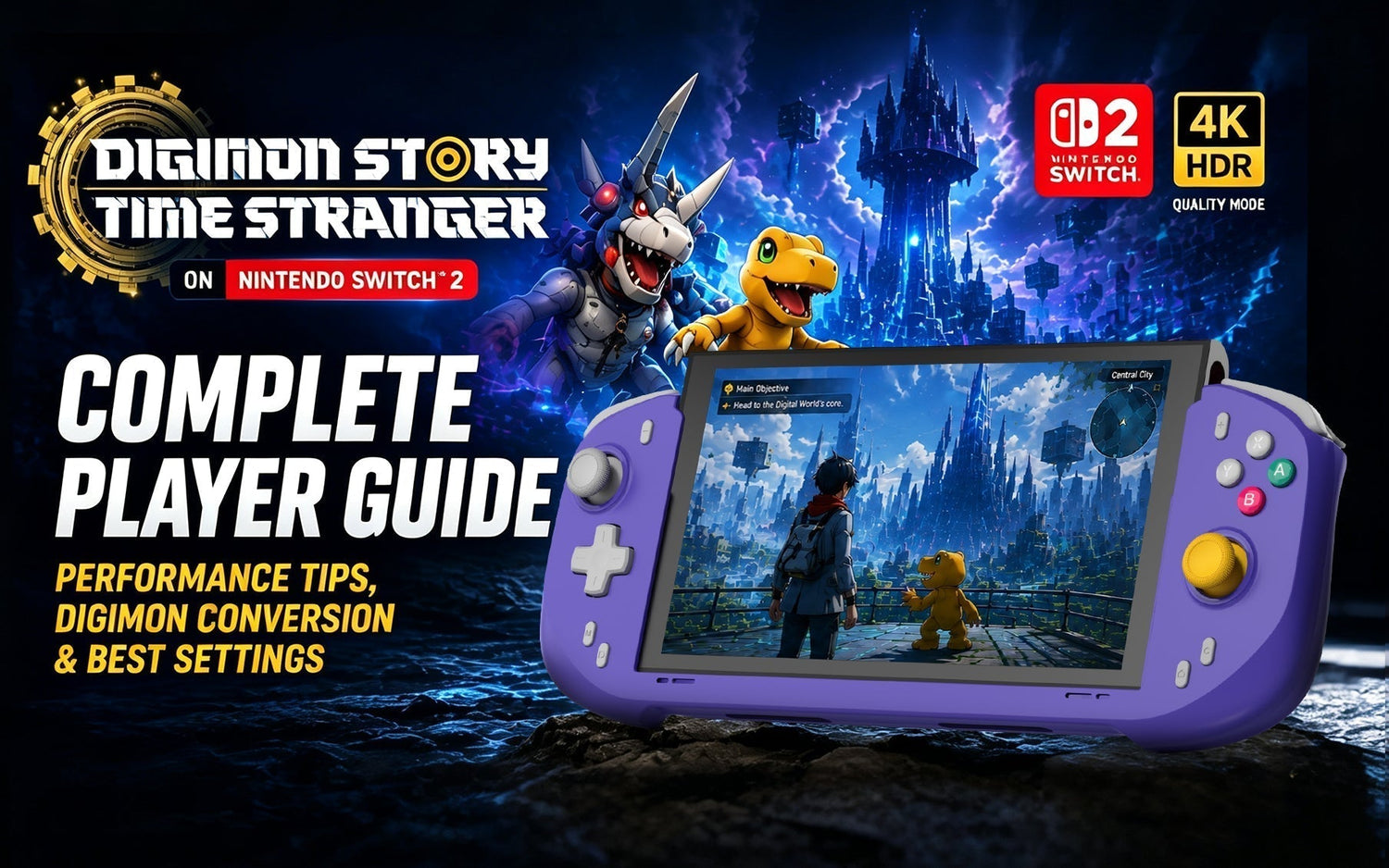 Digimon Story Time Stranger Switch 2 player guide featuring performance tips, Digimon conversion advice, best settings, and abxylute N6 handheld play.