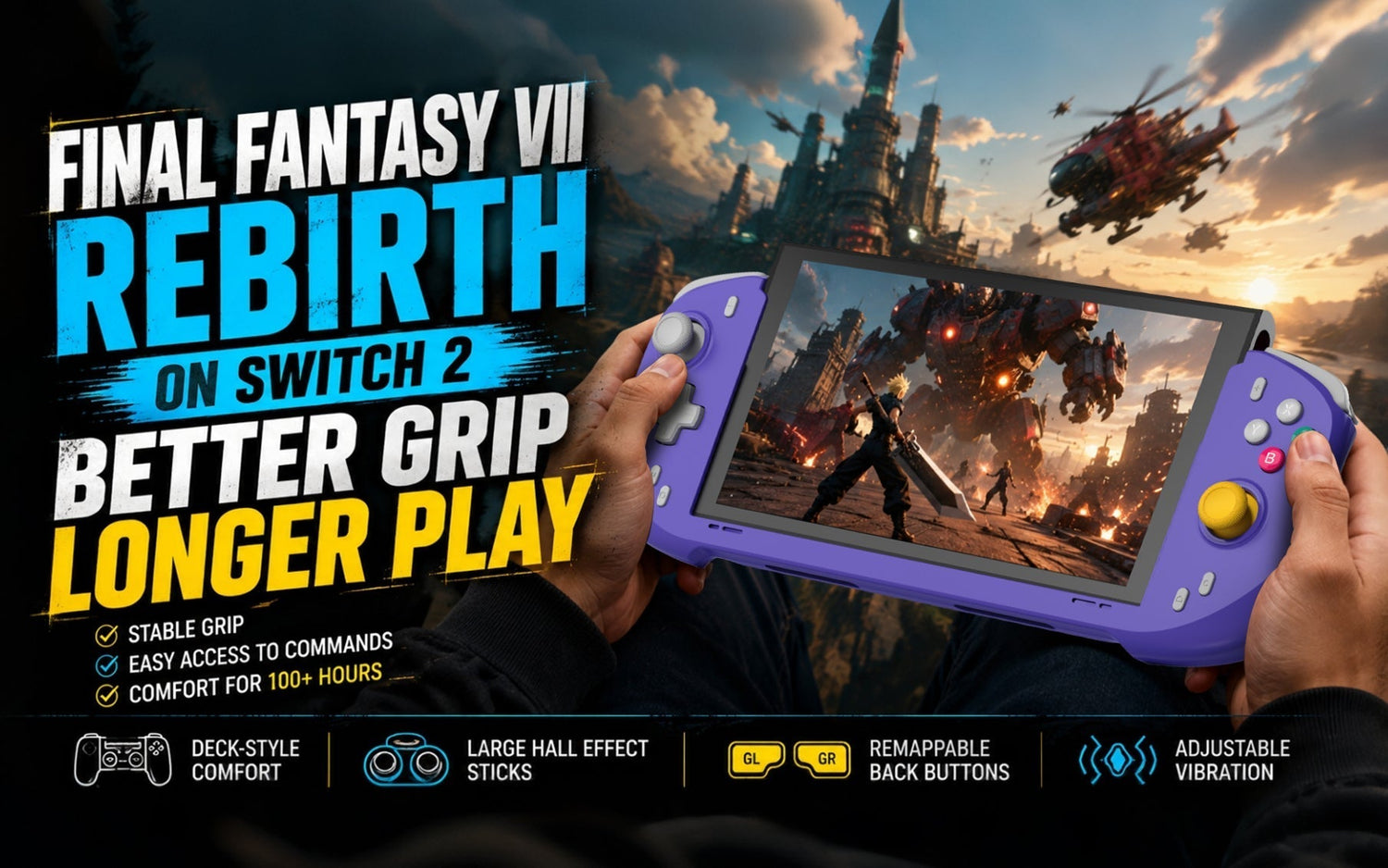 Final Fantasy VII Rebirth Switch 2 controller concept for a long handheld action RPG session