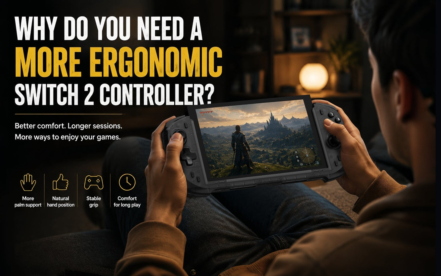 Player using Switch 2 during a long gaming session with comfortable controller grip