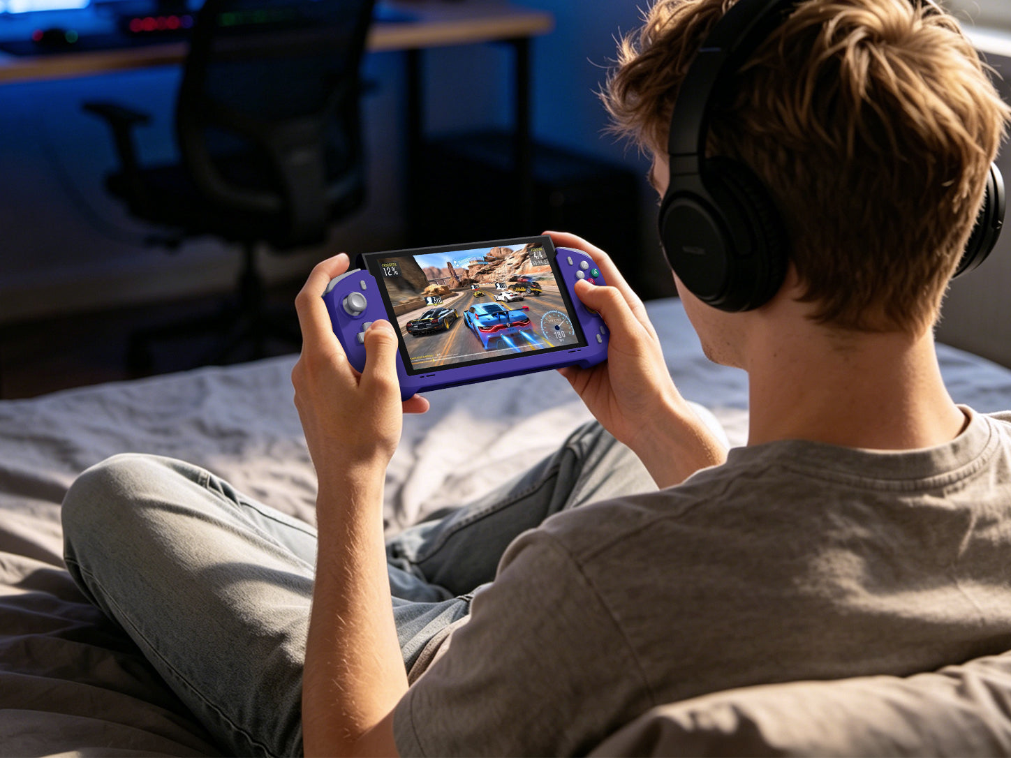 Player using abxylute N6 with Switch 2 in handheld mode on a sofa