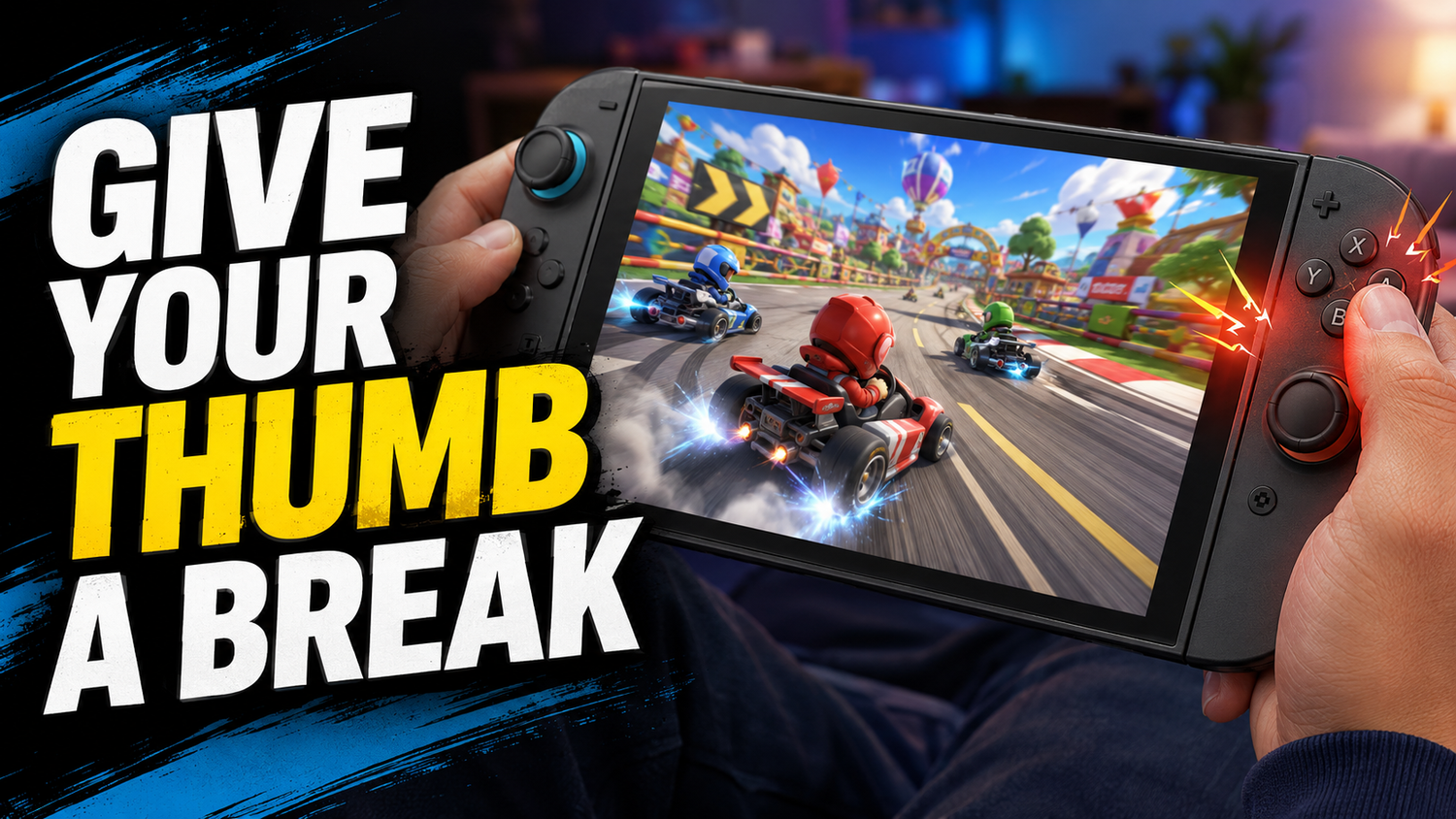 Player holding a Nintendo Switch 2 during a handheld kart racing session with the right thumb pressing the accelerator button