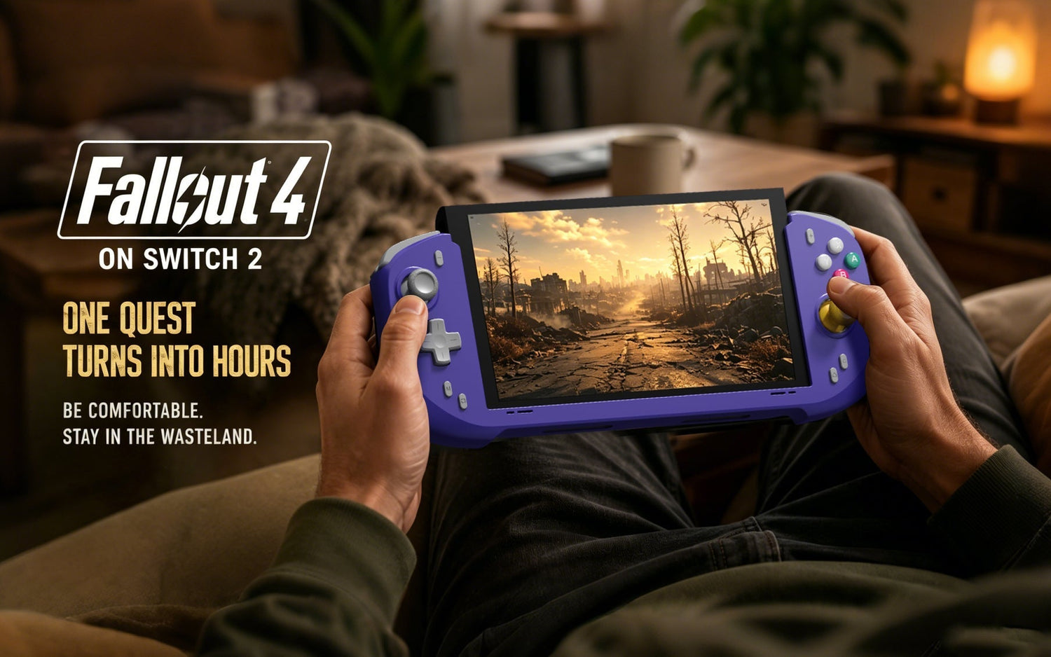Player holding a Switch 2 during a long Fallout 4 handheld session in the evening