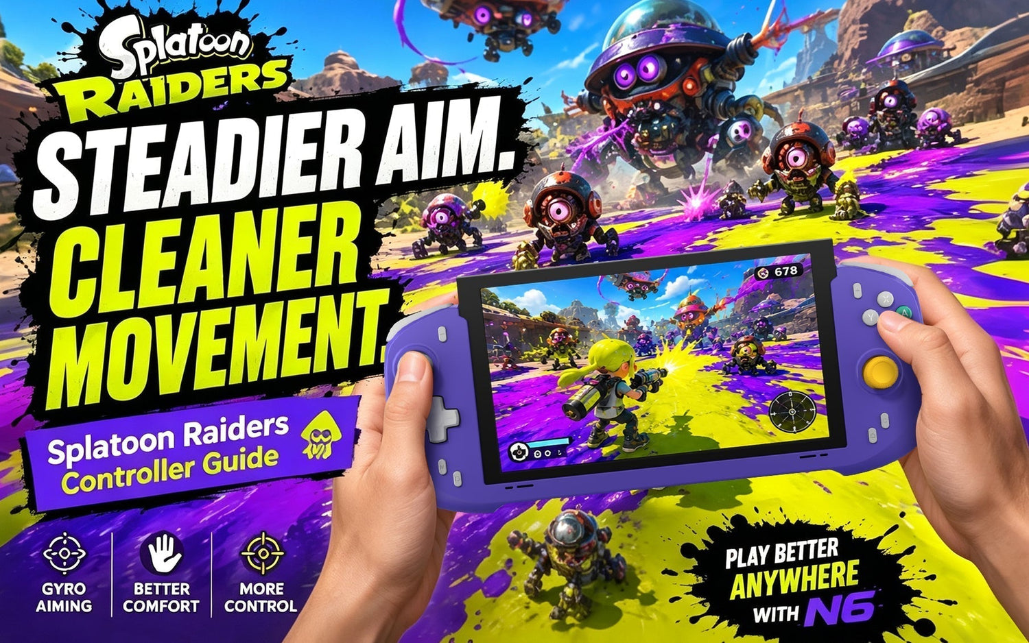 Splatoon Raiders handheld control guide showing a Switch 2 player surrounded by colorful ink and approaching enemies