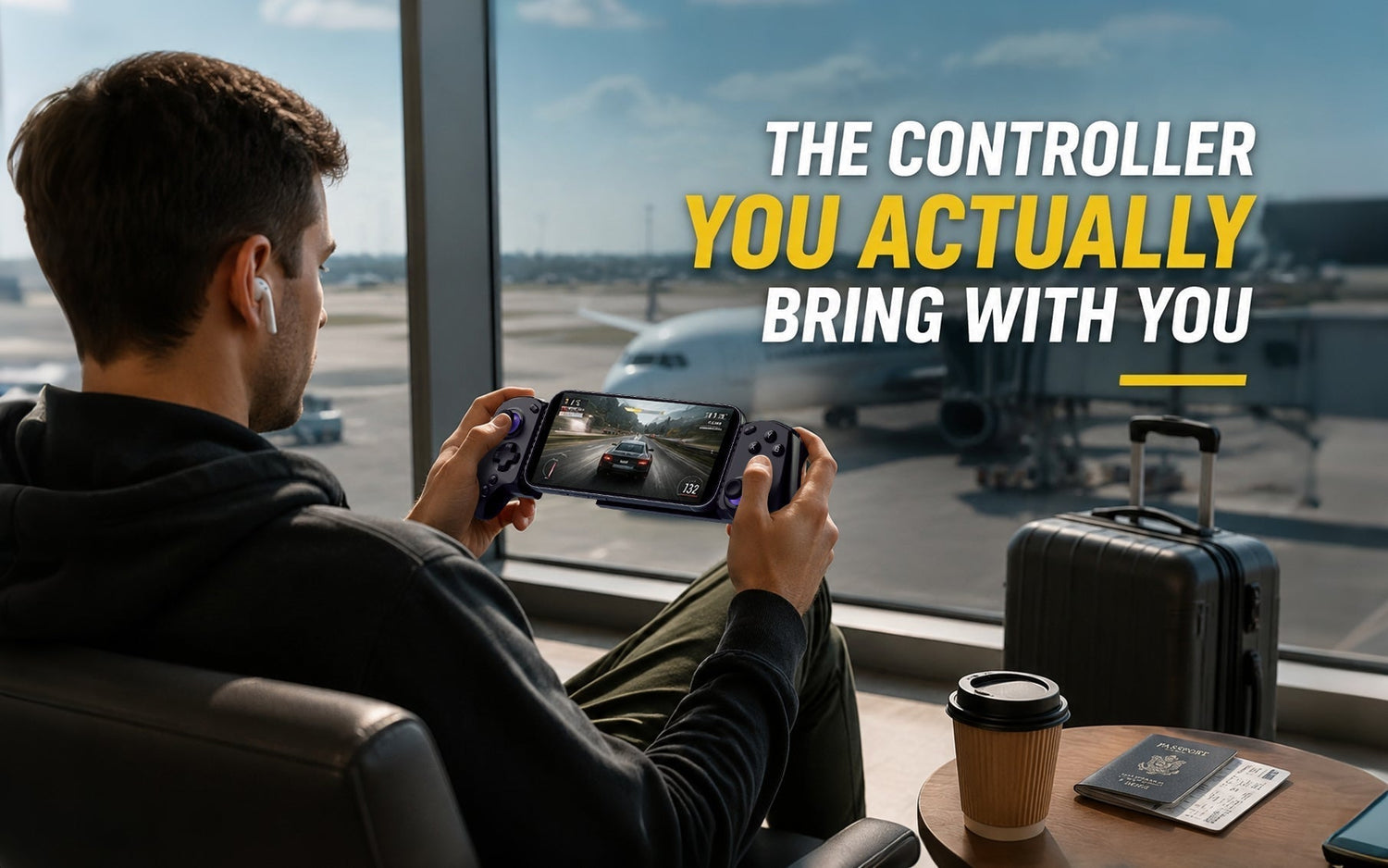 Traveler using a portable mobile controller with a smartphone during a gaming session
