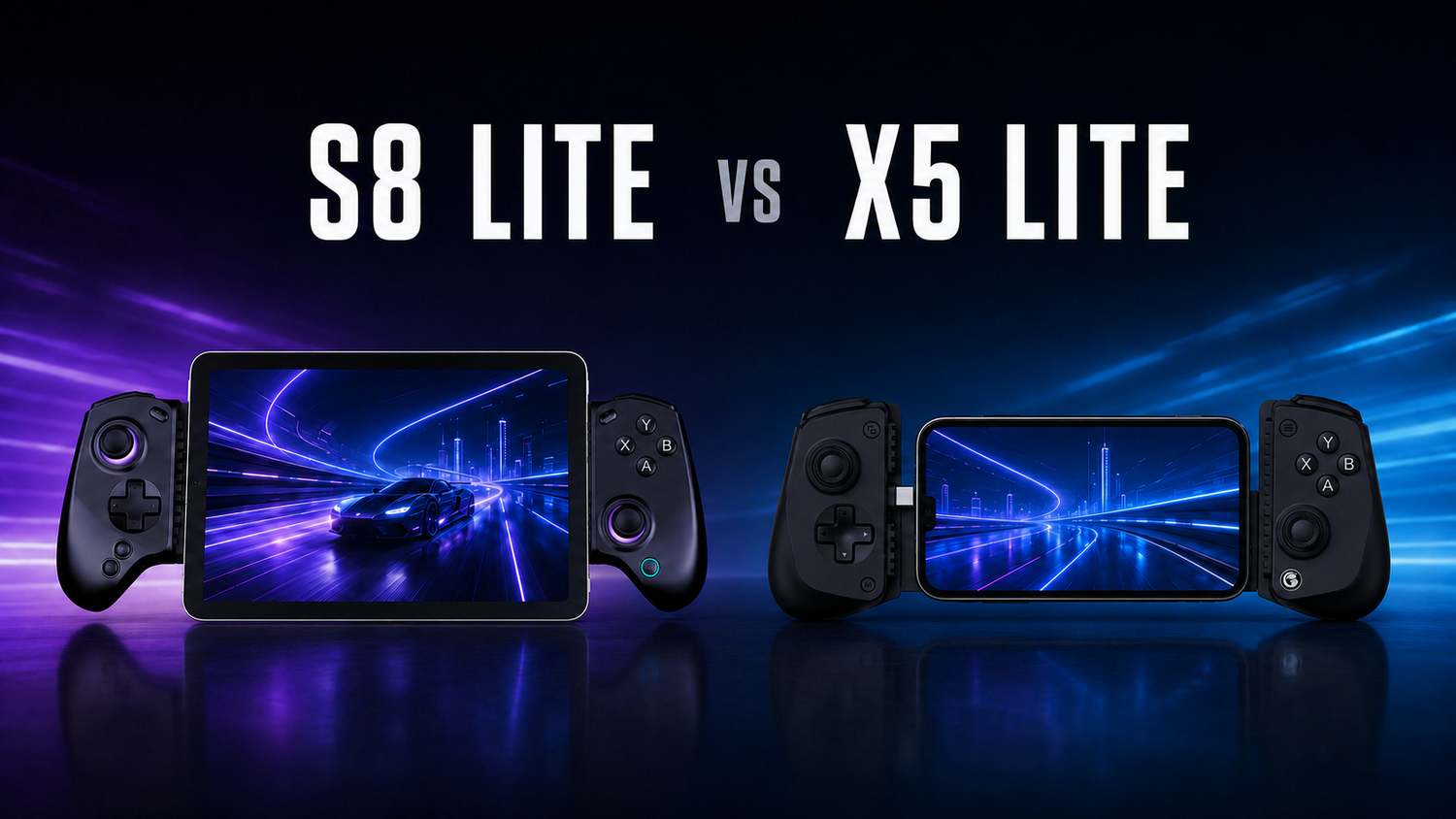 abxylute S8 Lite with a tablet compared with GameSir X5 Lite holding a smartphone