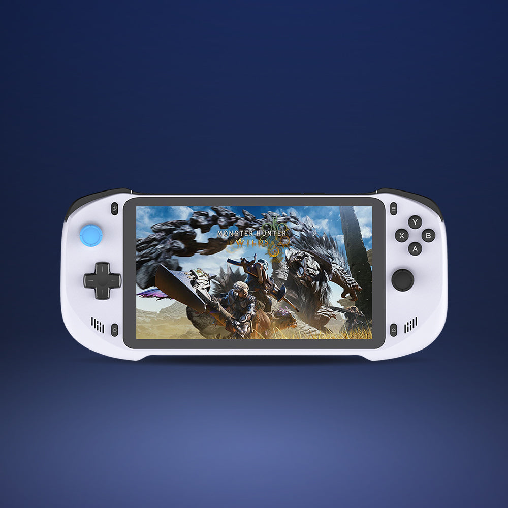 White handheld gaming console showing Monster Hunter game art on screen.