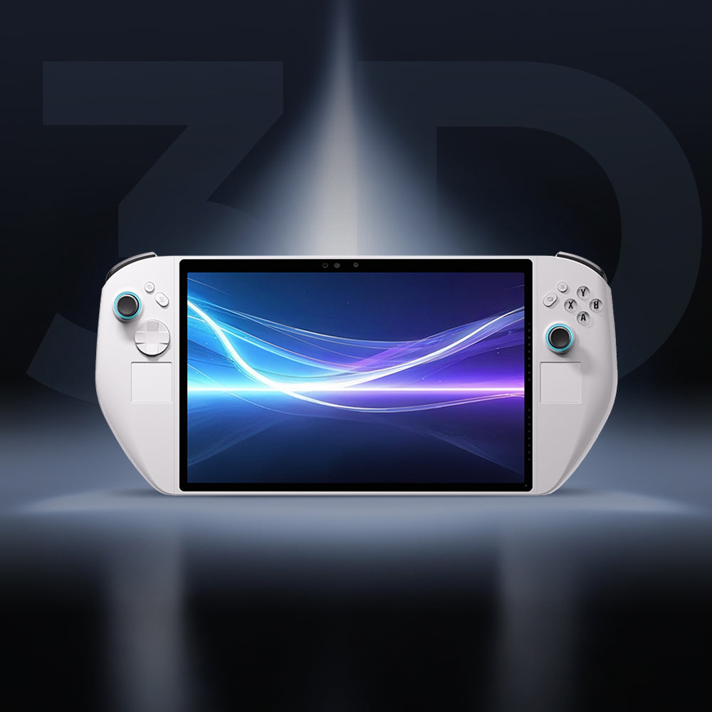 White handheld gaming console, front view with built-in screen and thumb controls