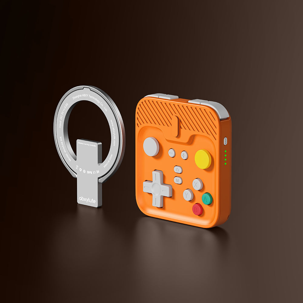 MagSafe mobile game controller bundle with orange gamepad and circular mounting ring